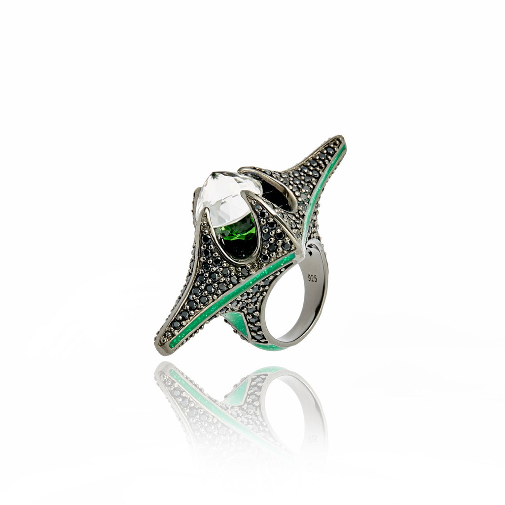 MCL Design Sterling Silver Statement Ring with Mid Green Glitter Enamel, Black Spinel, Moldavite & White Topaz