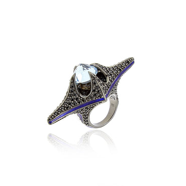 Sterling Silver Statement Ring With Deep Purple Glitter Enamel, Black Spinel, Smoky Quartz & Blue Topaz
