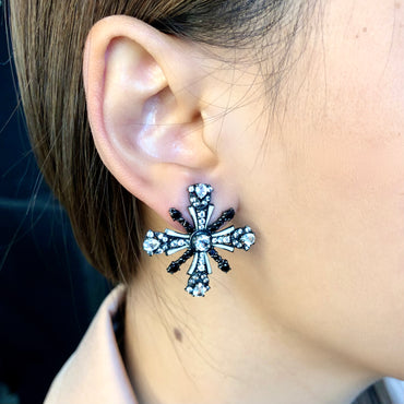 Sterling Silver Stud Earrings with White Enamel, Black Spinel & White Topaz