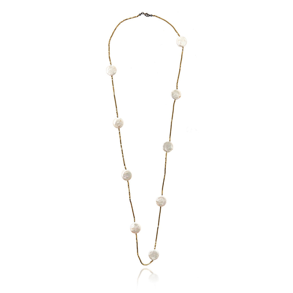 White Pearl Necklace with Pyrite Hematite & Hematite Beads
