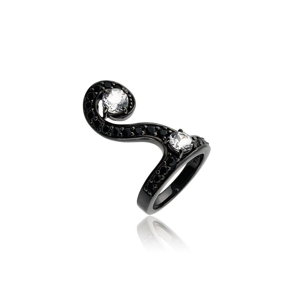 Sterling Silver Statement Ring With Black Spinel, White Topaz & White Pearls