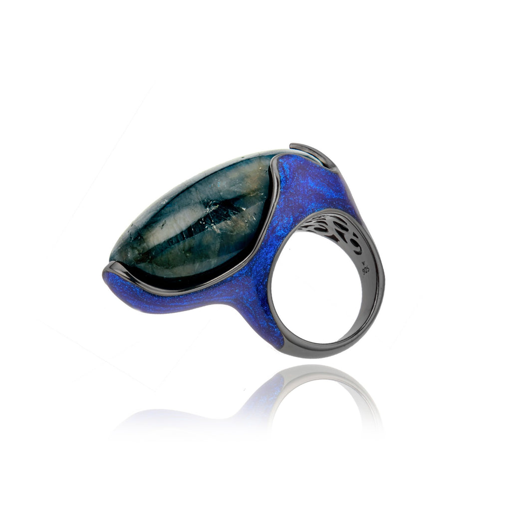 MCL Design Sterling Silver Statement Ring With Dark Purple Oil Enamel & Labradorite
