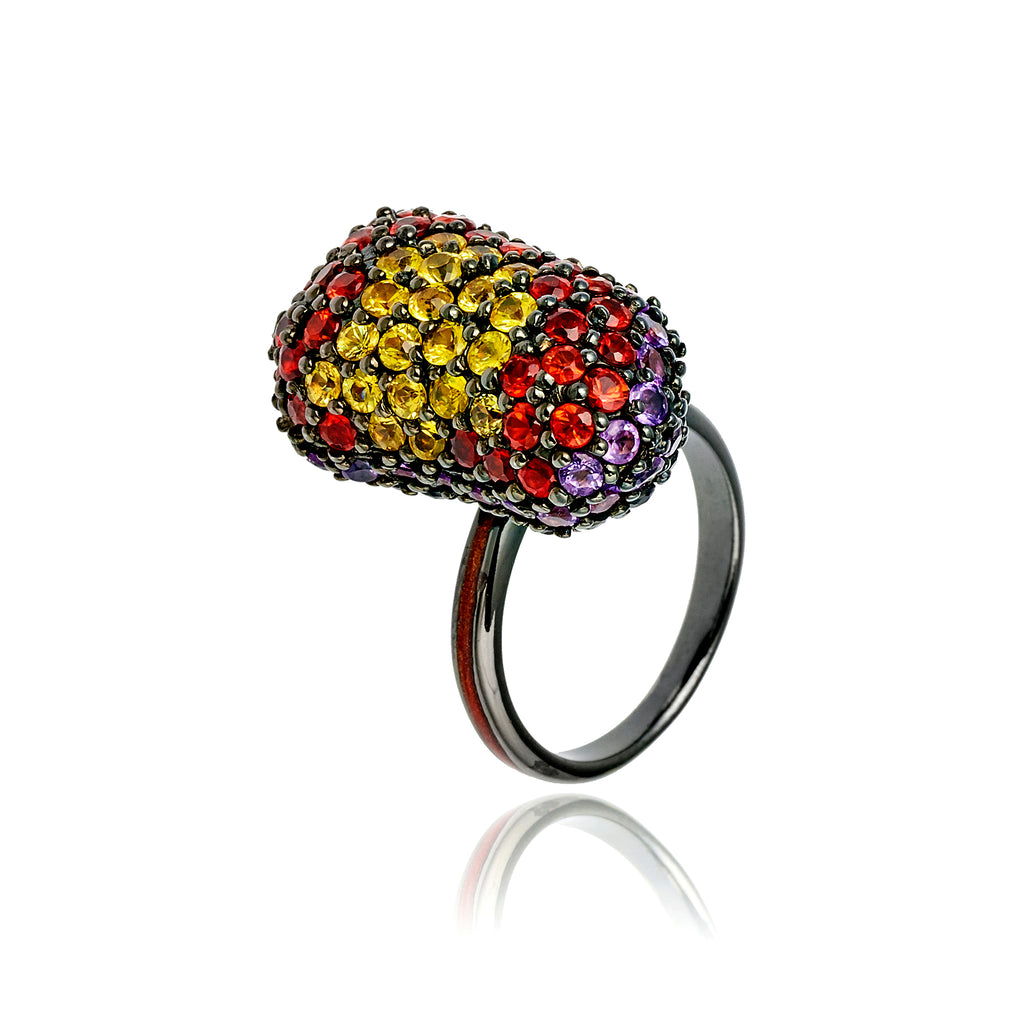 MCL Design Sterling Silver Bean Ring with Burnt Orange Oil Enamel, Black Spinel, Amethyst, Red Sapphires & Yellow Sapphires