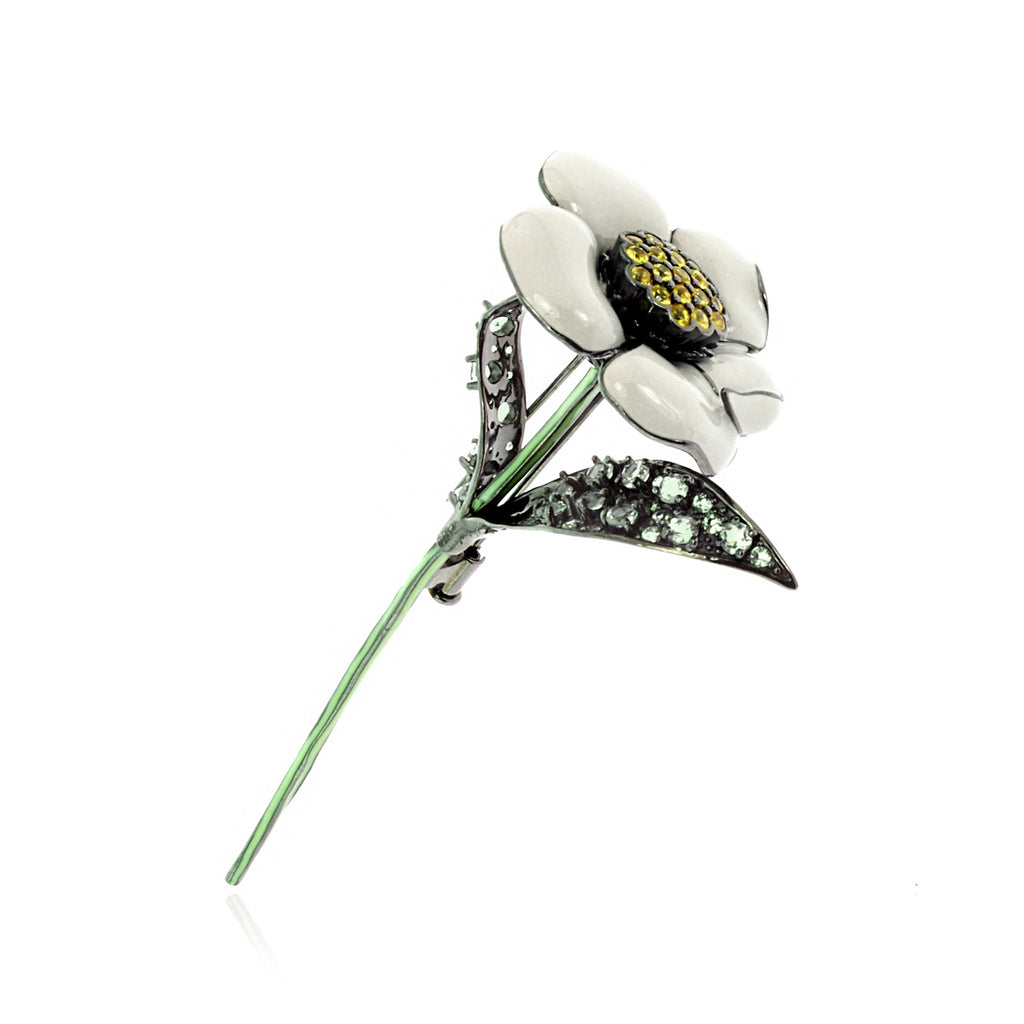 Daisy Pin in Silver with Green Apple and Taupe Enamels, Yellow Sapphires, Green Sapphires & Green Amethyst