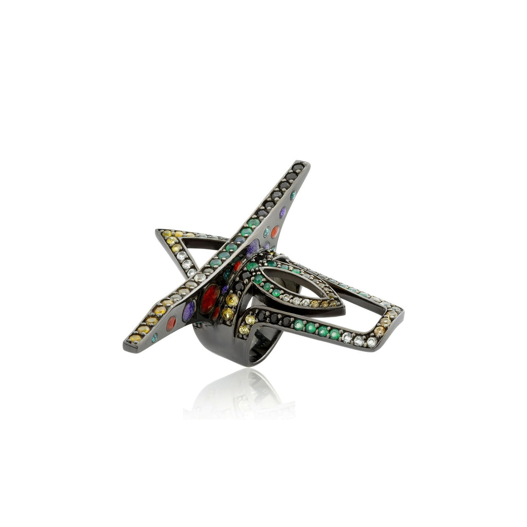 Sterling Silver Statement Ring with Oil Red, Dark Purple and Forest Green Glitter Enamels, Yellow Sapphires, Green Agate, Black Spinel & Blue Topaz