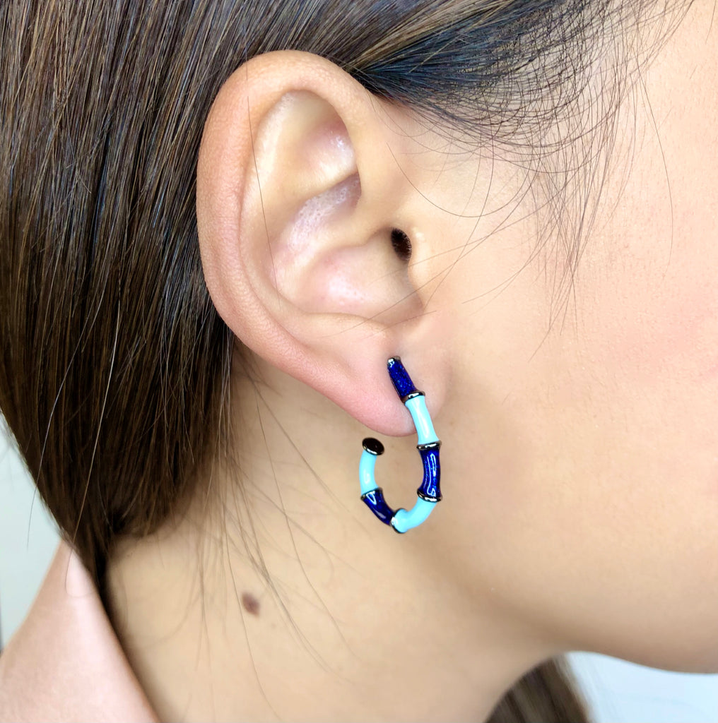 Sterling Silver Half-Hoop Earrings with Light Blue and Dark Blue Enamels