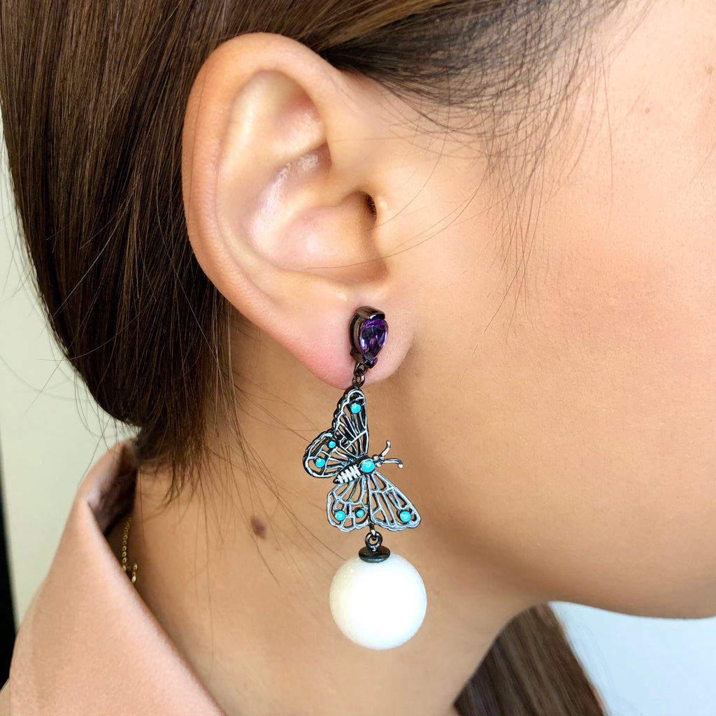 Sterling Silver Statement Butterfly Earrings With White and Mint Enamels, Amethyst, Orange Sapphires & White Agate Beads