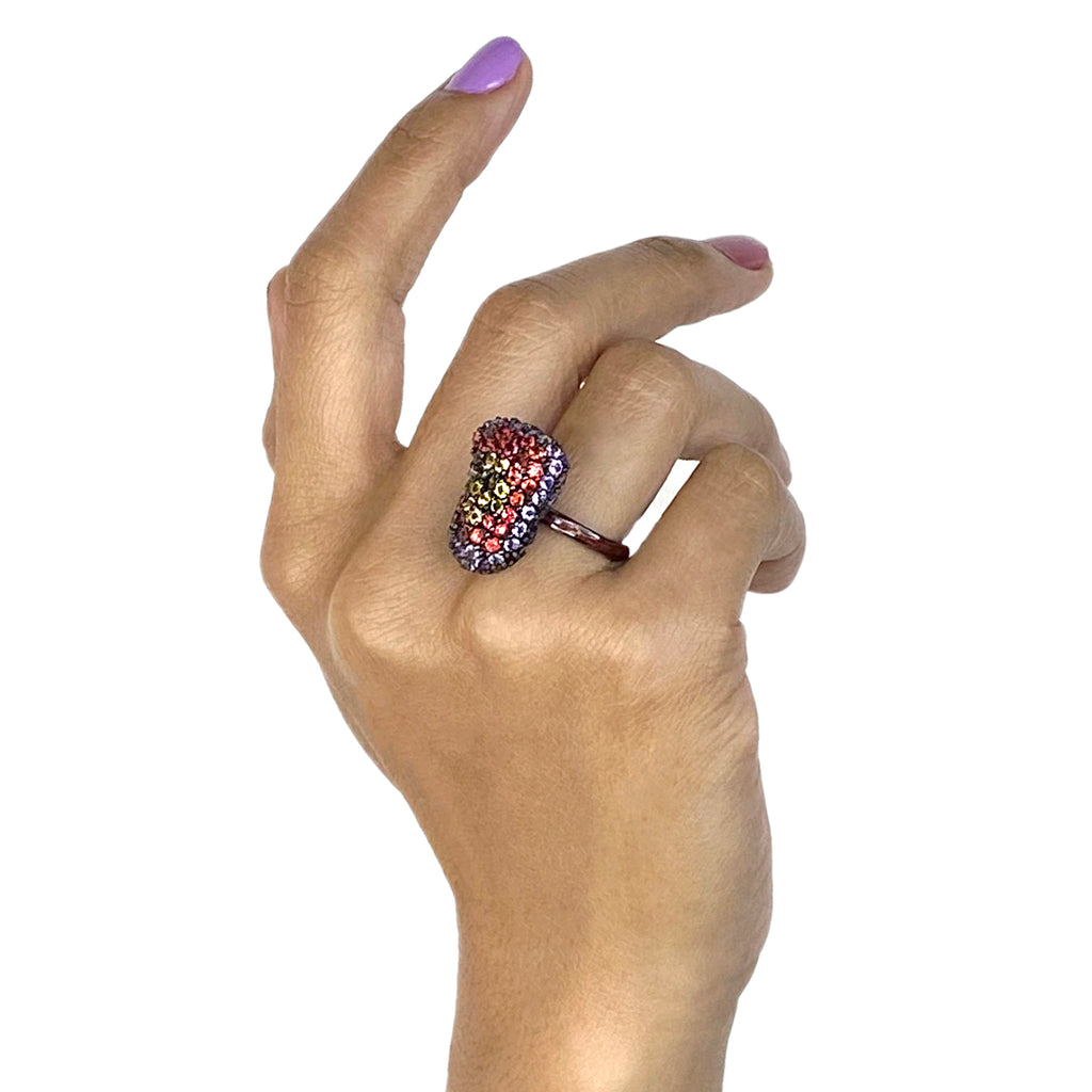 MCL Design Sterling Silver Bean Ring with Burnt Orange Oil Enamel, Black Spinel, Amethyst, Red Sapphires & Yellow Sapphires