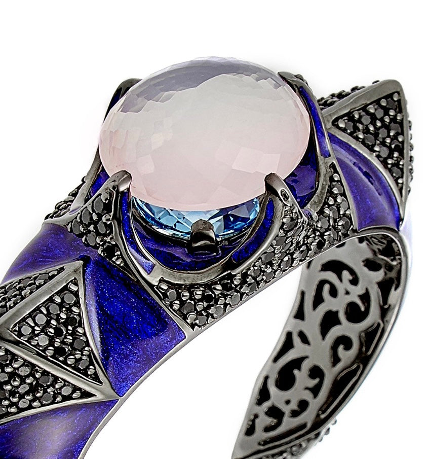 Sterling Silver Cuff Bracelet with Dark Purple Oil Enamel, Black Spinel, Blue Topaz & Rose Quartz