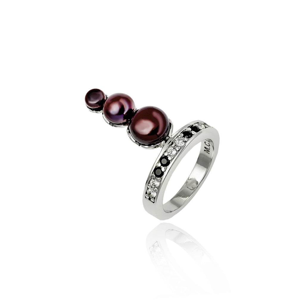 Sterling Silver Stack Ring With Black Spinel, White Topaz & Black Pearls