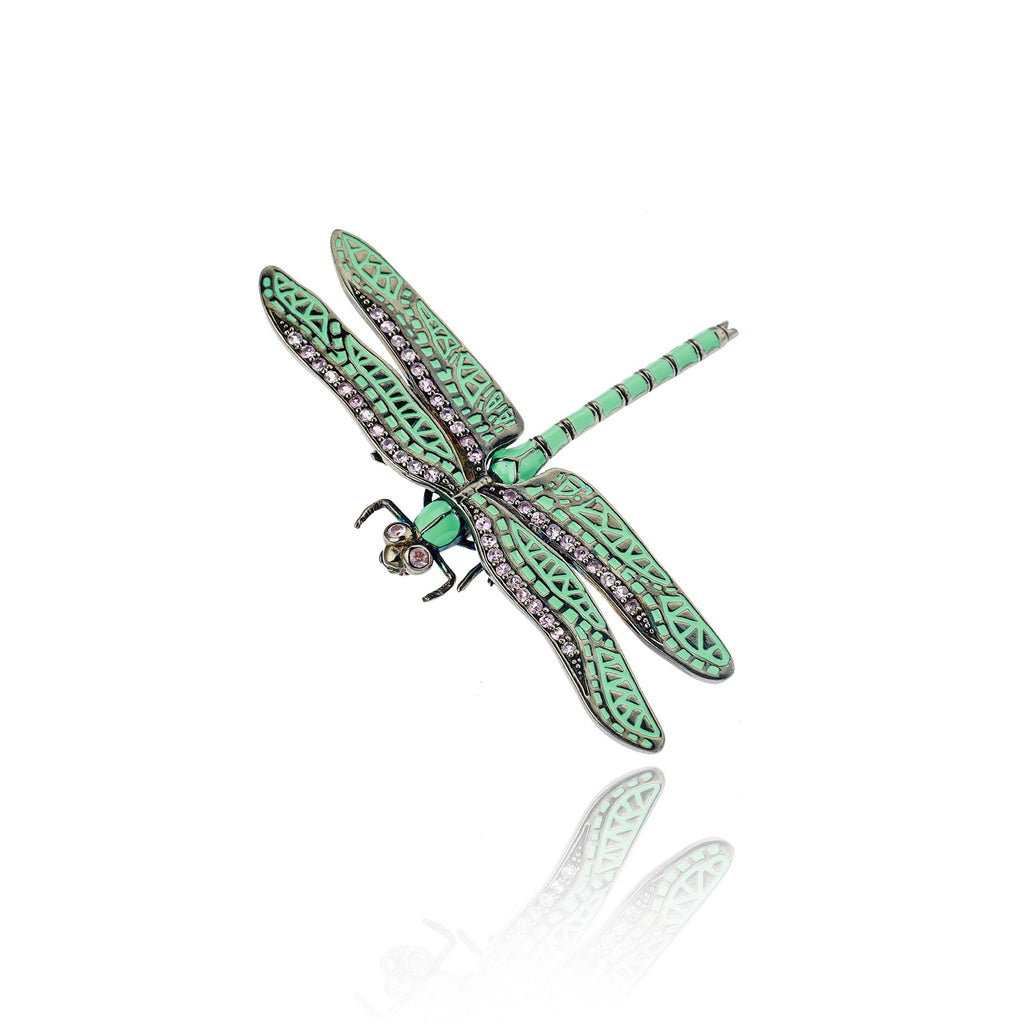 Dragonfly Pin in Sterling Silver with Green Enamel and Pink Sapphires